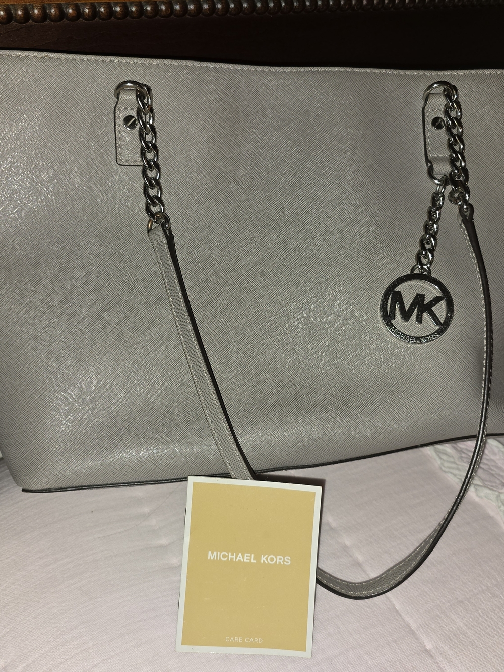 Michael Kors Light Gray Saffiano Leather Tote with MK Charm